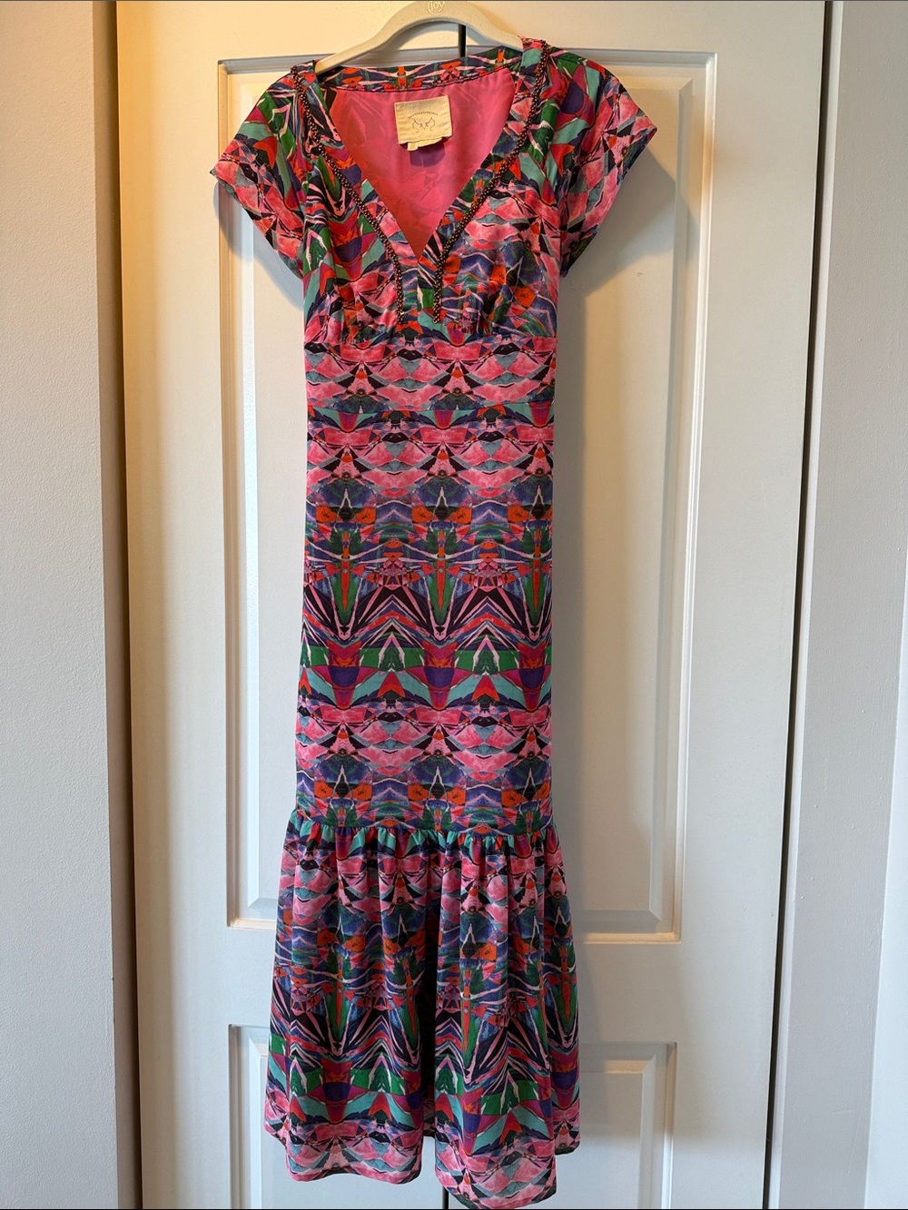 Anthropologie Geometric Pink Cap-Sleeve Maxi Dress